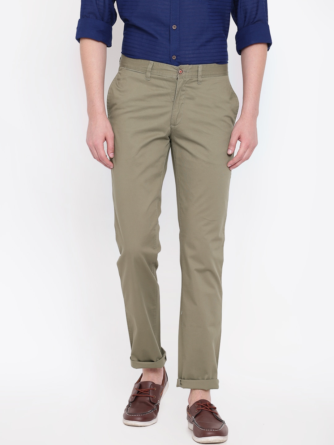 Wills Lifestyle Men Olive Green Slim Fit Solid Chino Trousers