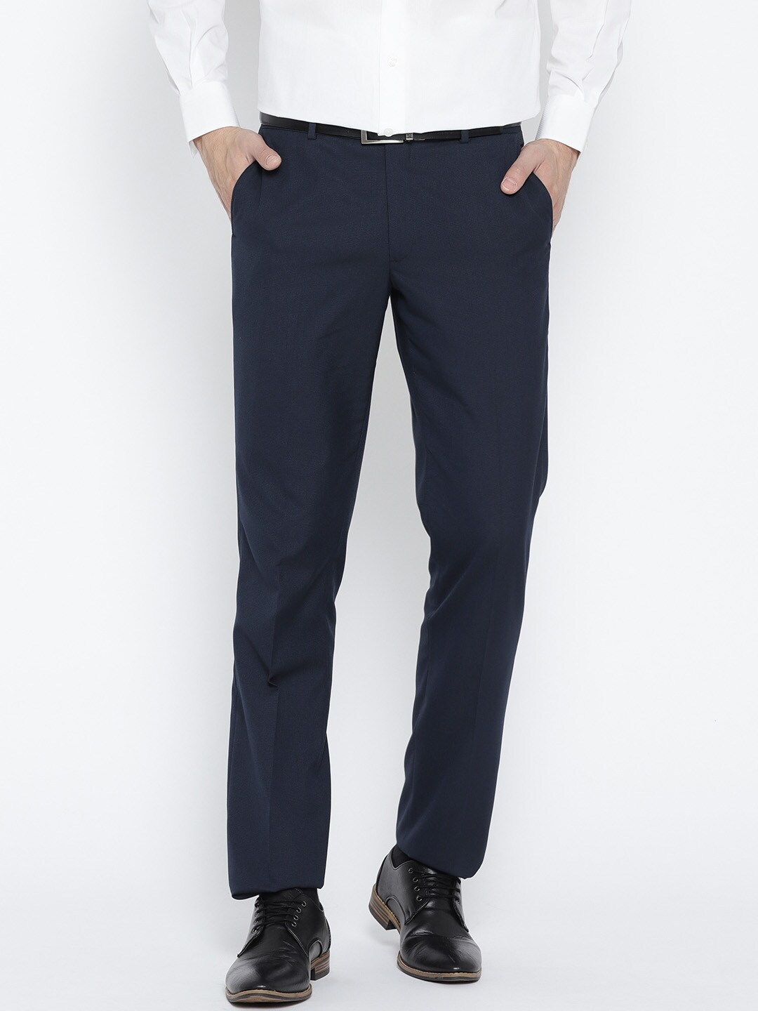 Wills Lifestyle Men Navy Blue Slim Fit Self Design Formal Trousers