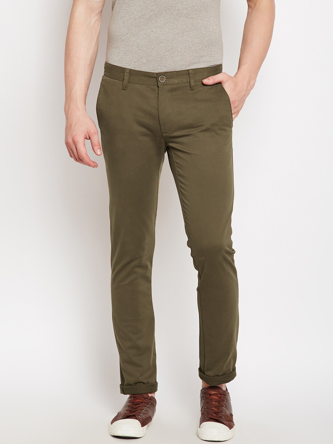 Wills Lifestyle Men Olive Green Skinny Fit Solid Regular Trousers