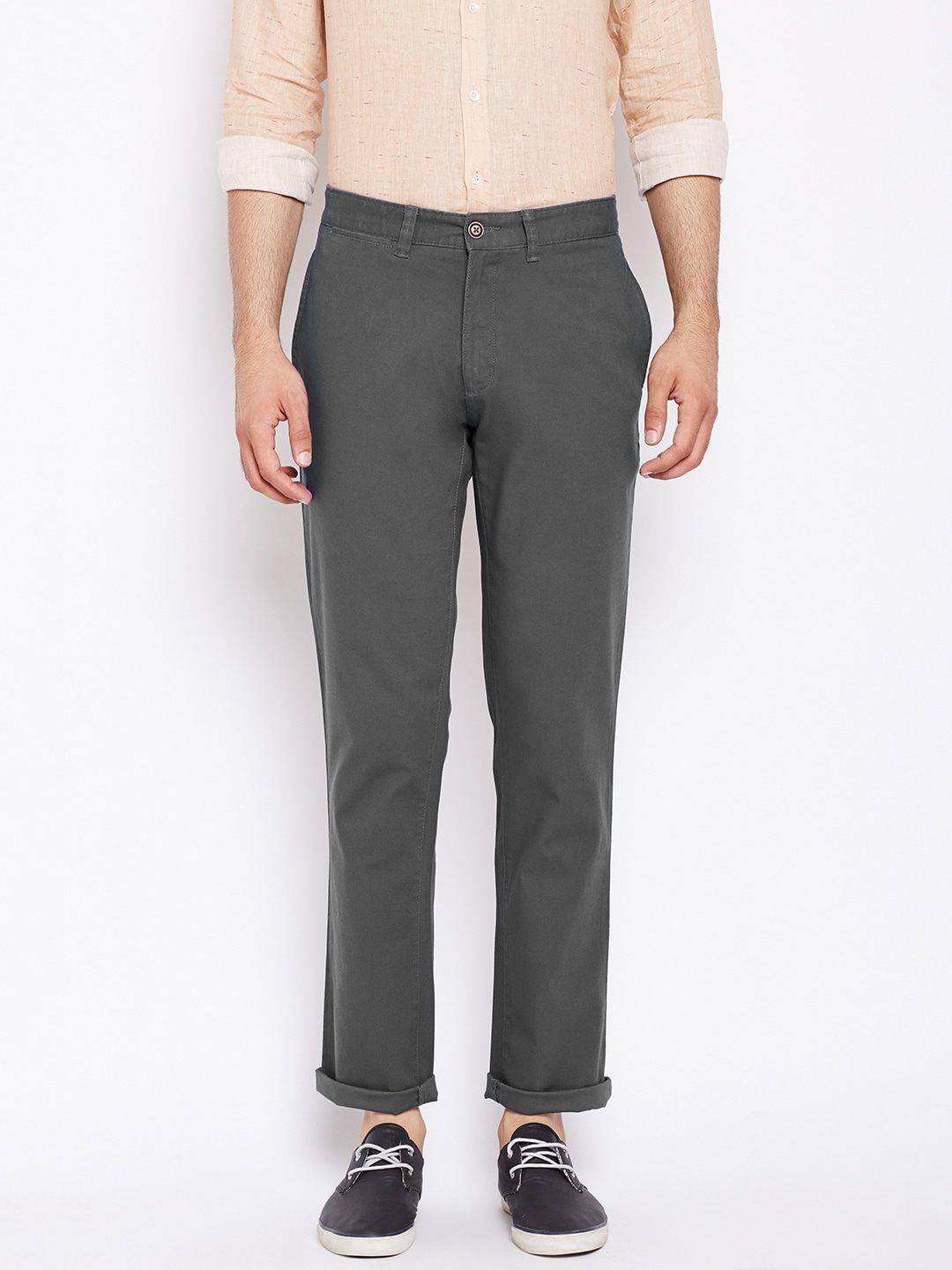 Wills Lifestyle Men Charcoal Grey Slim Fit Solid Regular Trousers