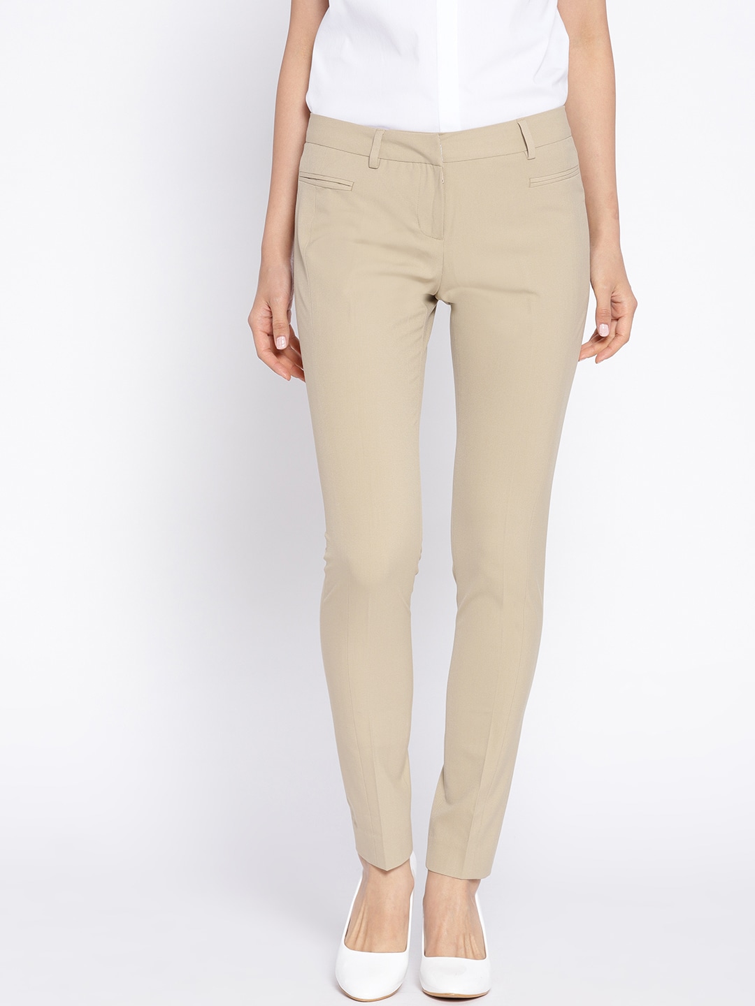 Wills Lifestyle Women Beige Slim Fit Solid Formal Trousers