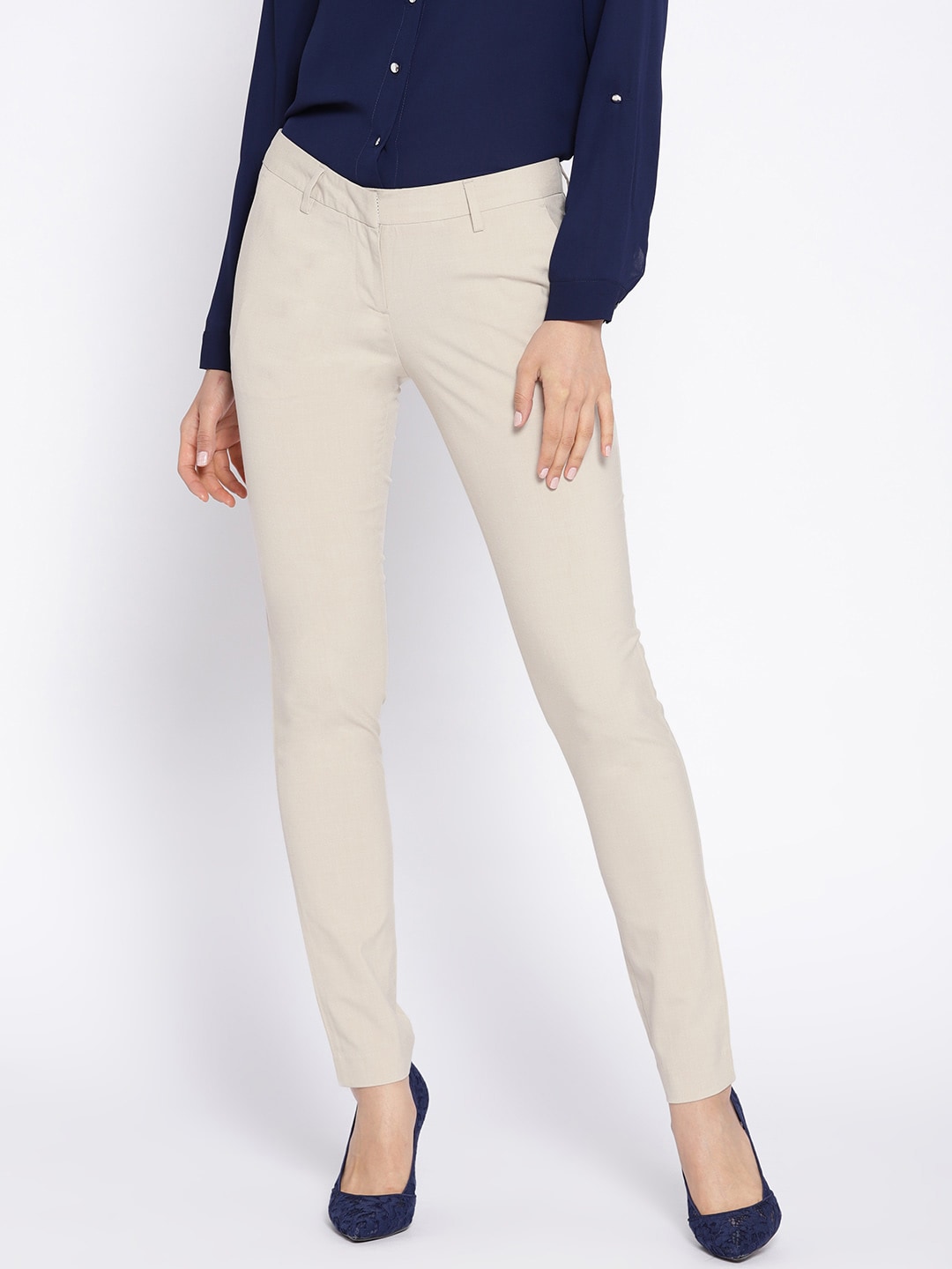 Wills Lifestyle Women Cream-Coloured Slim Fit Solid Formal Trousers