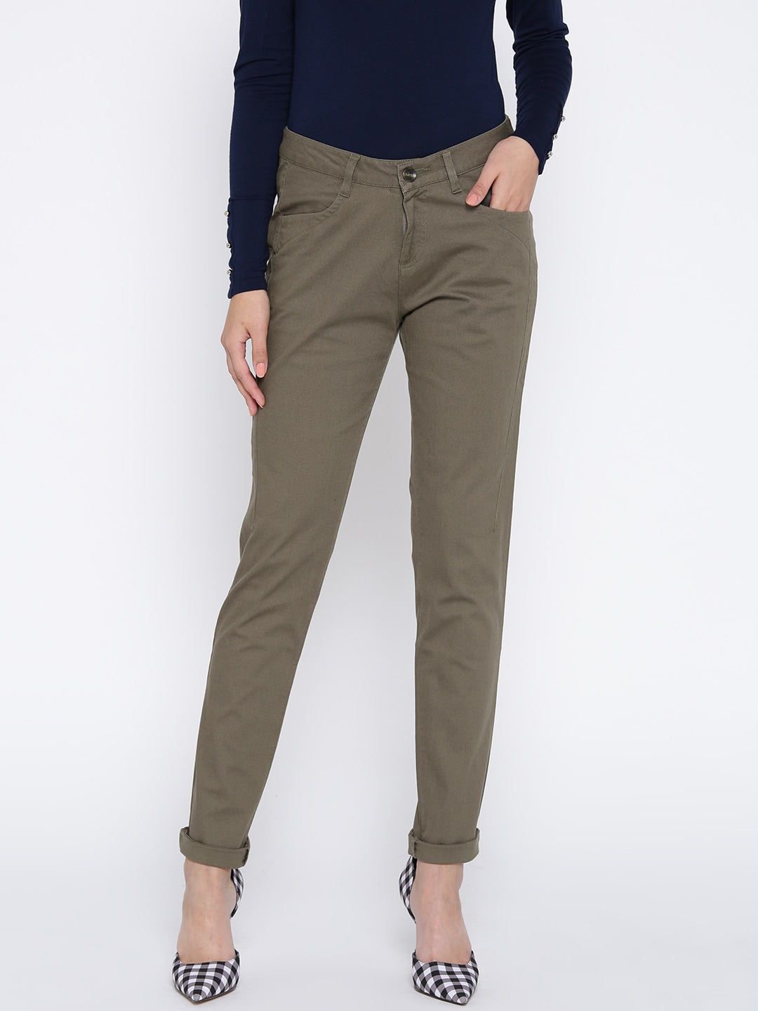 Welcome to Brand Bazaar  Wills Lifestyle Women Olive Green Slim Fit Solid  Regular Trousers