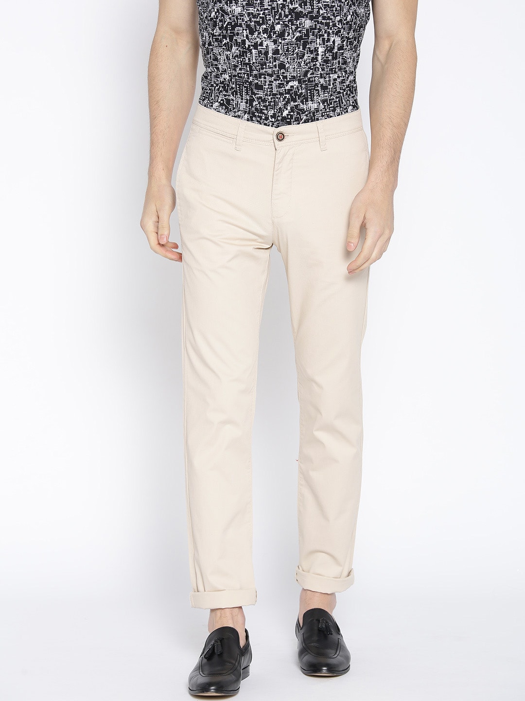 Wills Lifestyle Men Cream-Coloured Slim Fit Solid Regular Trousers