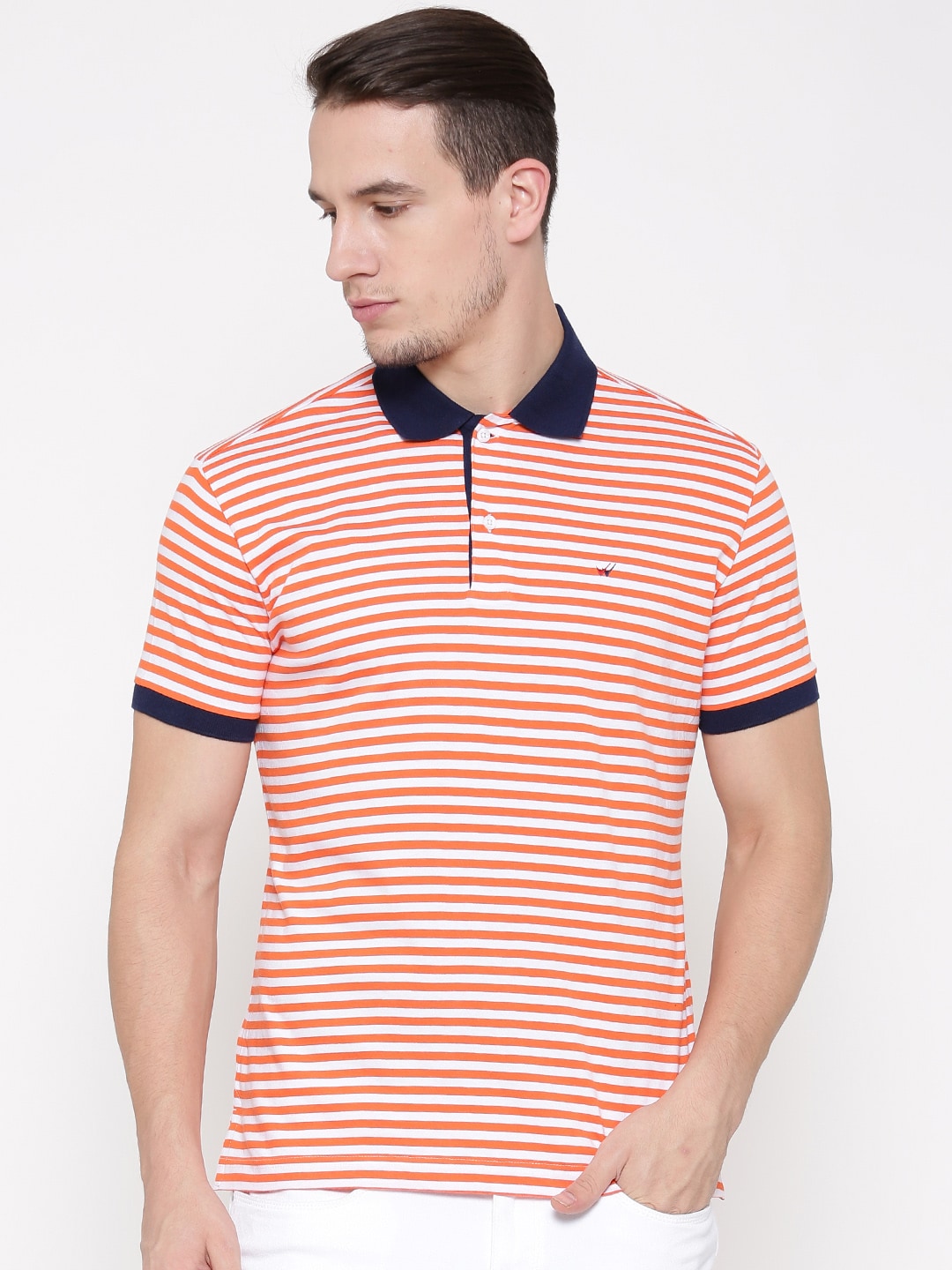 Wills Sport Men White  Orange Striped Polo Collar T-shirt