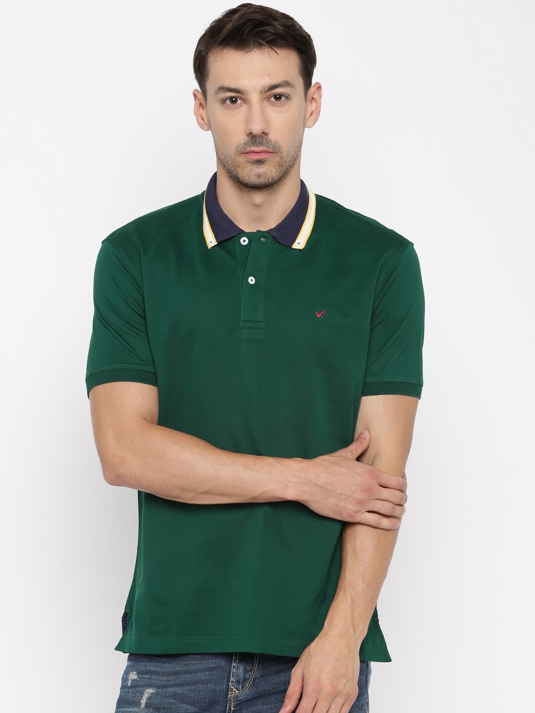 Wills Lifestyle Men Green Solid Polo T-Shirt