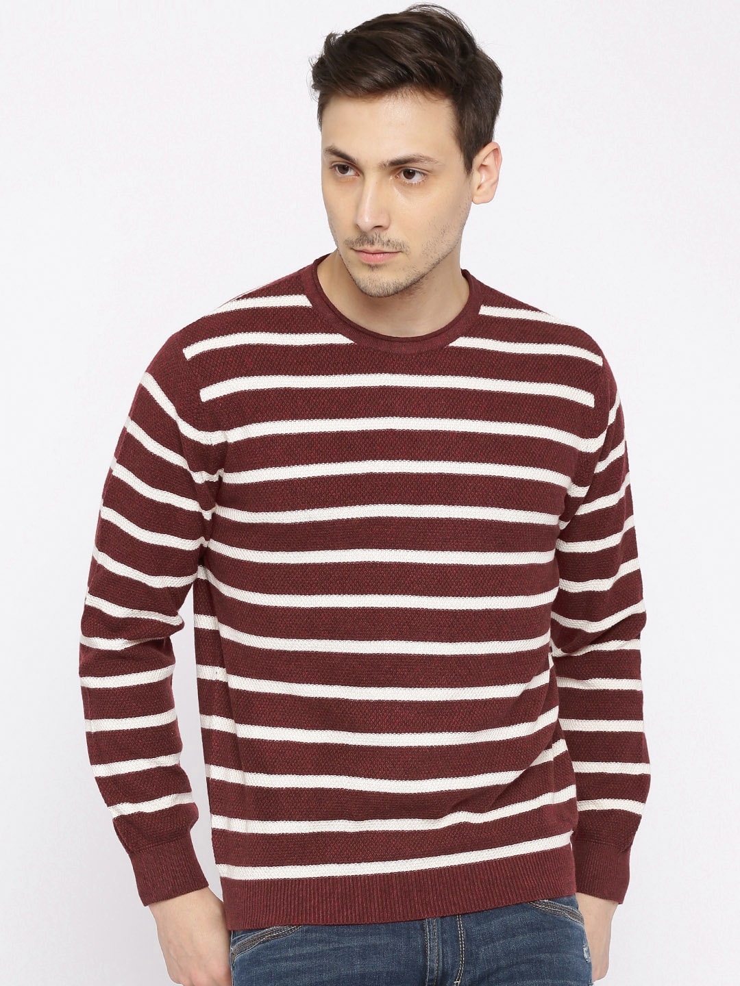 Wills Lifestyle Maroon  Off-White Striped Sweater