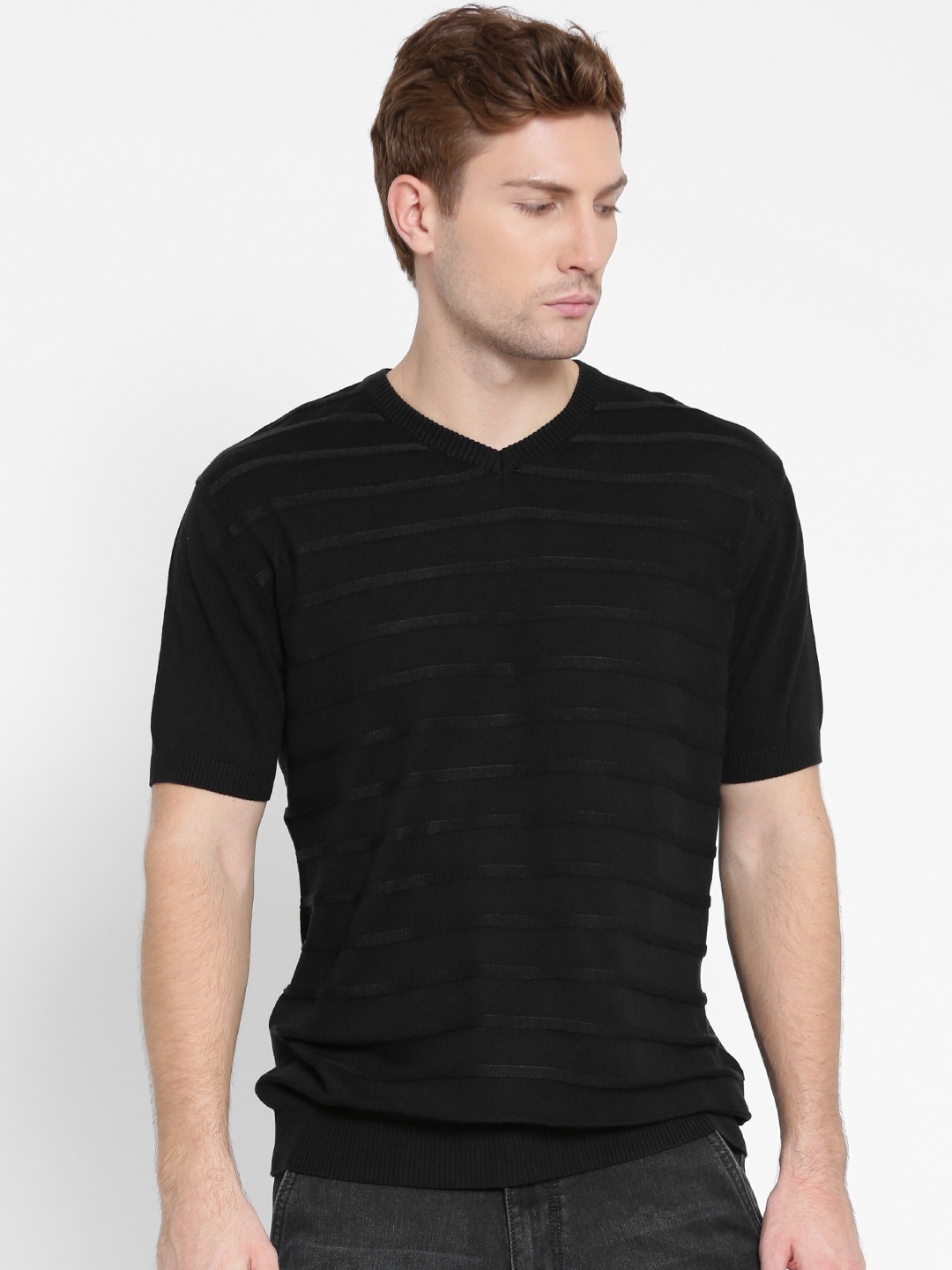 Wills Lifestyle Men Black Self-Striped V-Neck T-shirt