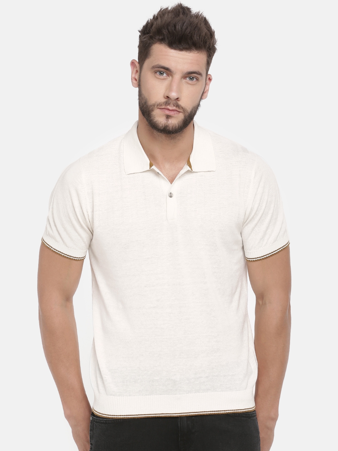 Wills Lifestyle Men Off-White Solid Polo Collar T-shirt