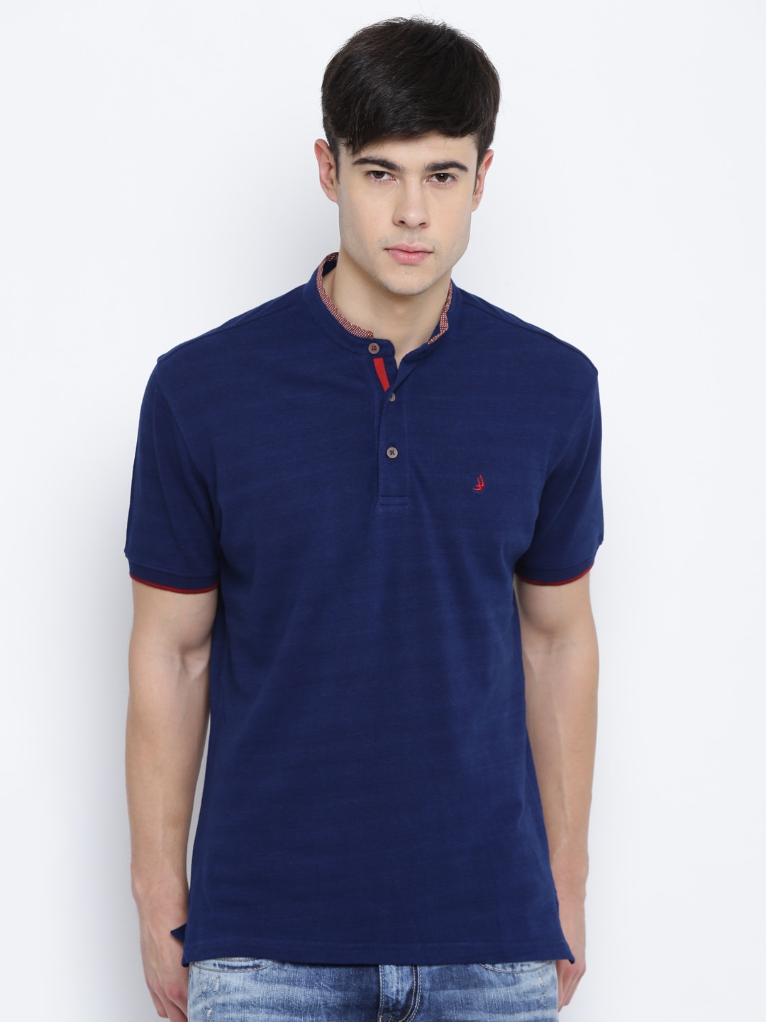 Wills Lifestyle Men Navy Blue Solid Mandarin Collar T-shirt