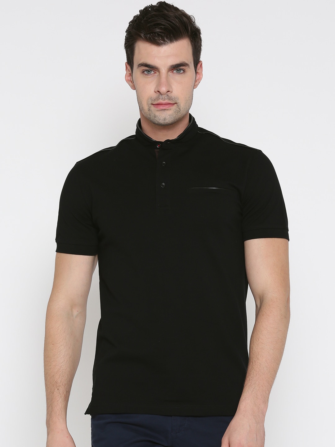 Wills Lifestyle Men Black Solid Mandarin Collar T-shirt