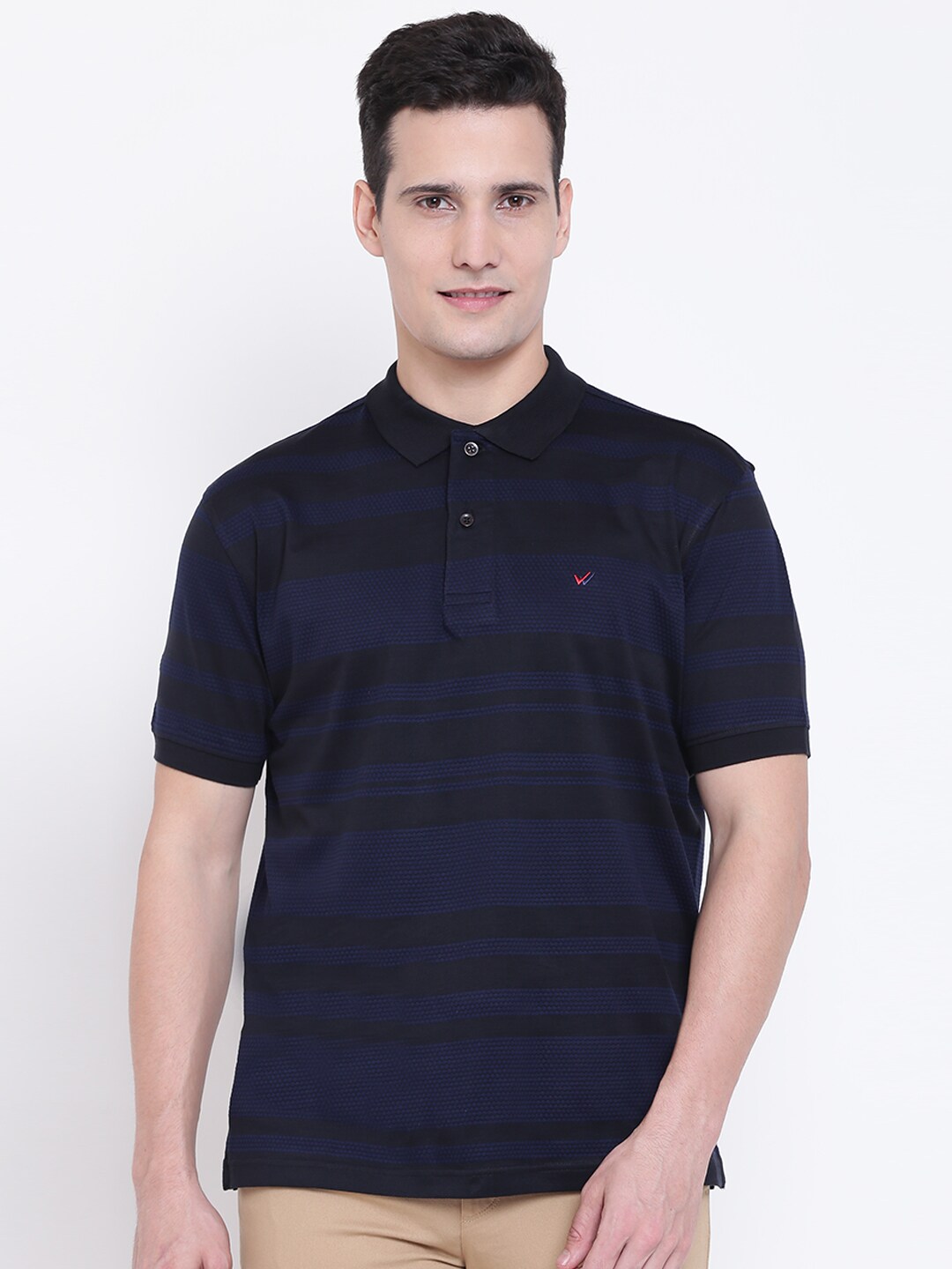 Wills Lifestyle Men Black  Navy Striped Polo Collar T-shirt