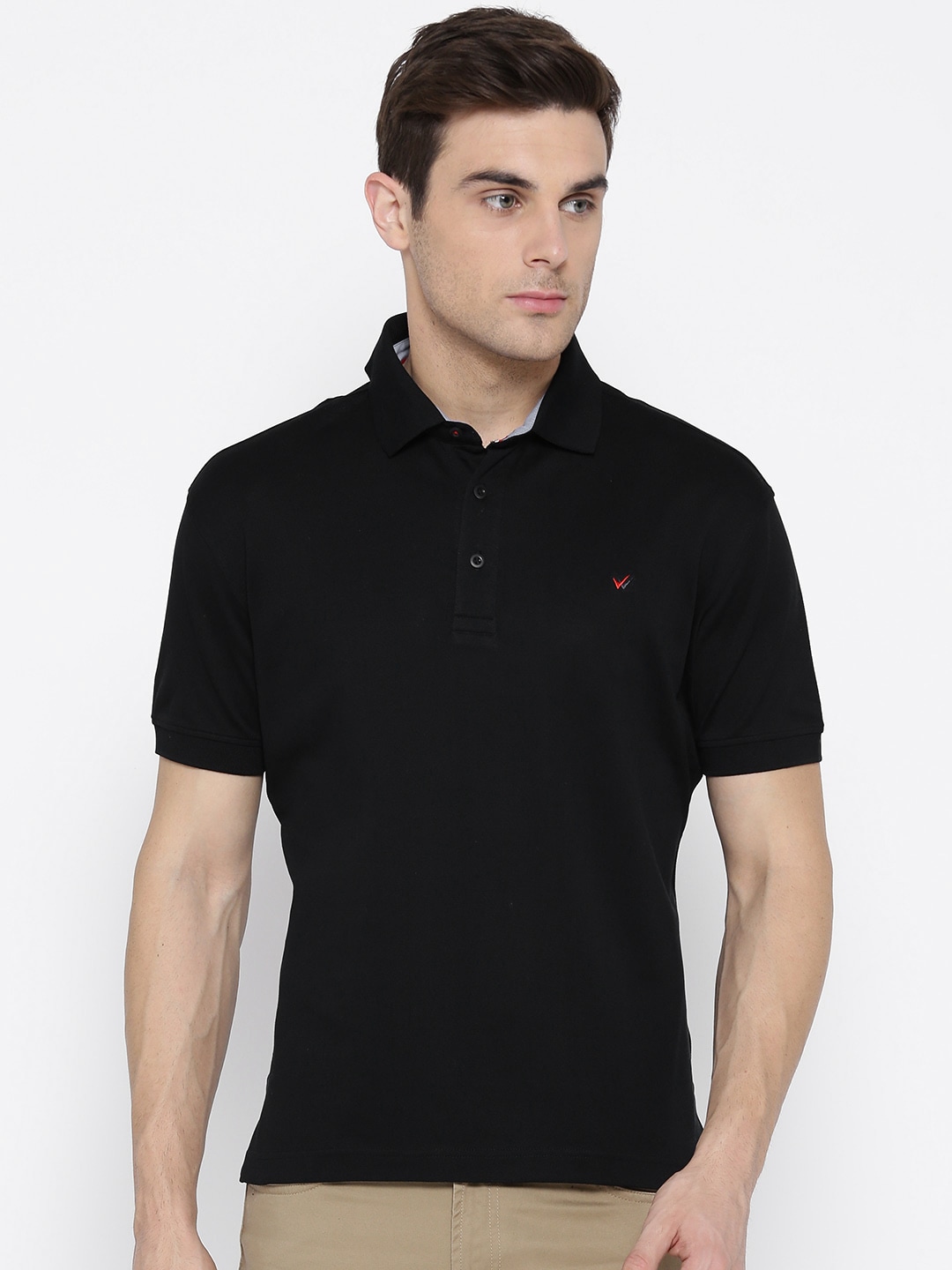 Wills Lifestyle Men Black Solid Polo Collar T-shirt