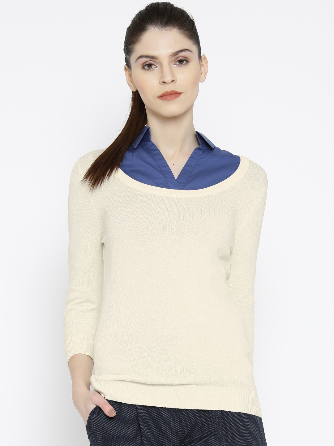 Wills Lifestyle Women Cream-Coloured Solid Knitted Top