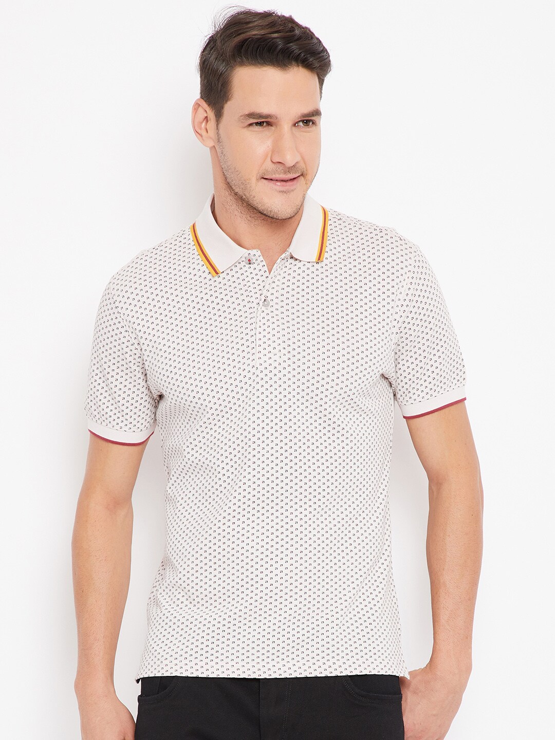 Wills Lifestyle Men Cream-Coloured Slim Fit Printed Polo Collar T-shirt