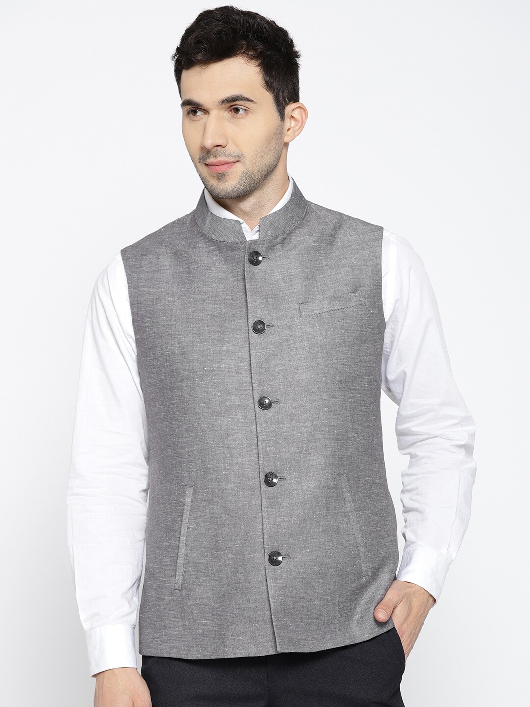 Wills Lifestyle Men Grey Solid Slim Fit Nehru Jacket