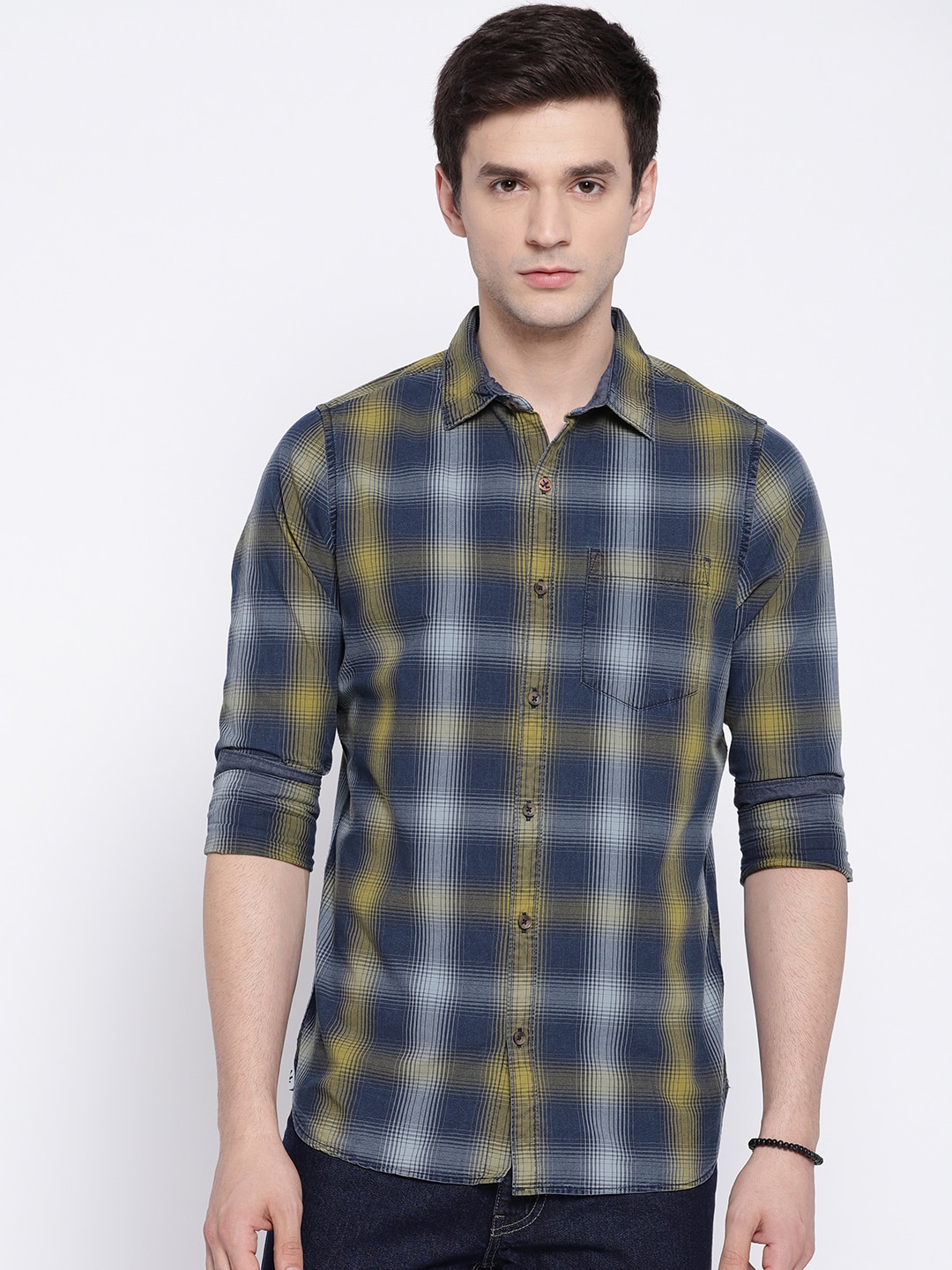 WROGN Men Navy Blue  Olive Green Slim Fit Checked Casual Shirt