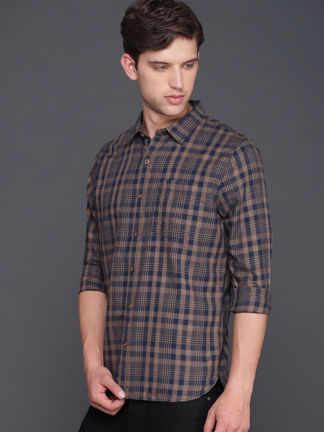 WROGN Men Brown  Navy Slim Fit Checked Casual Shirt