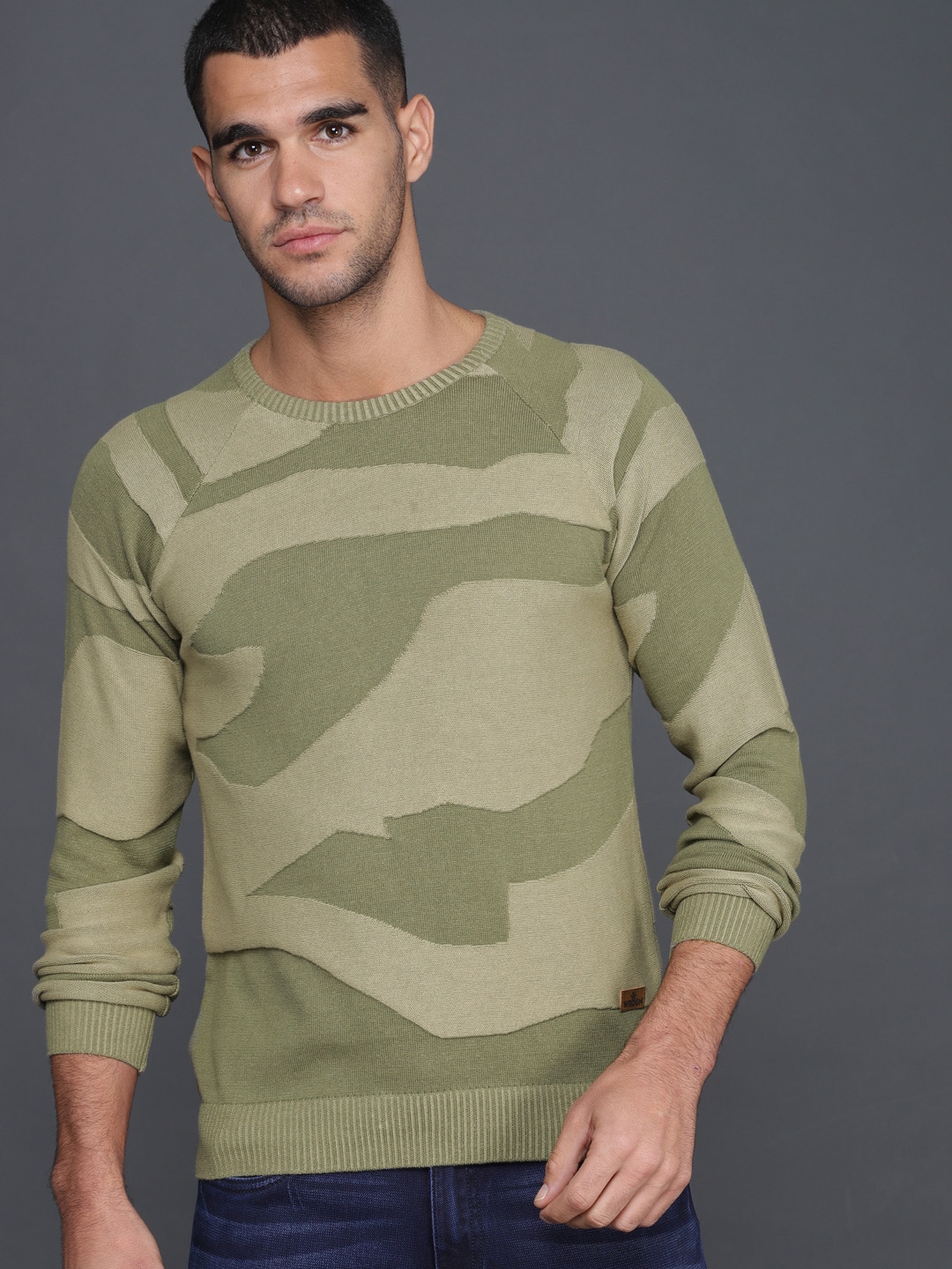 WROGN Men Green Self Design Pullover