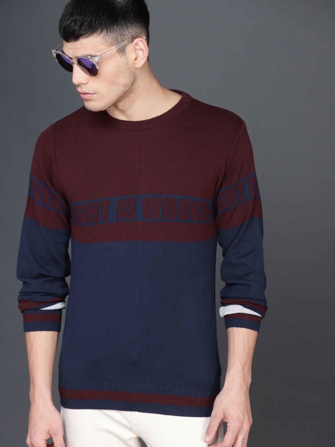 WROGN Men Maroon  Navy Blue Colourblocked Pullover Sweater