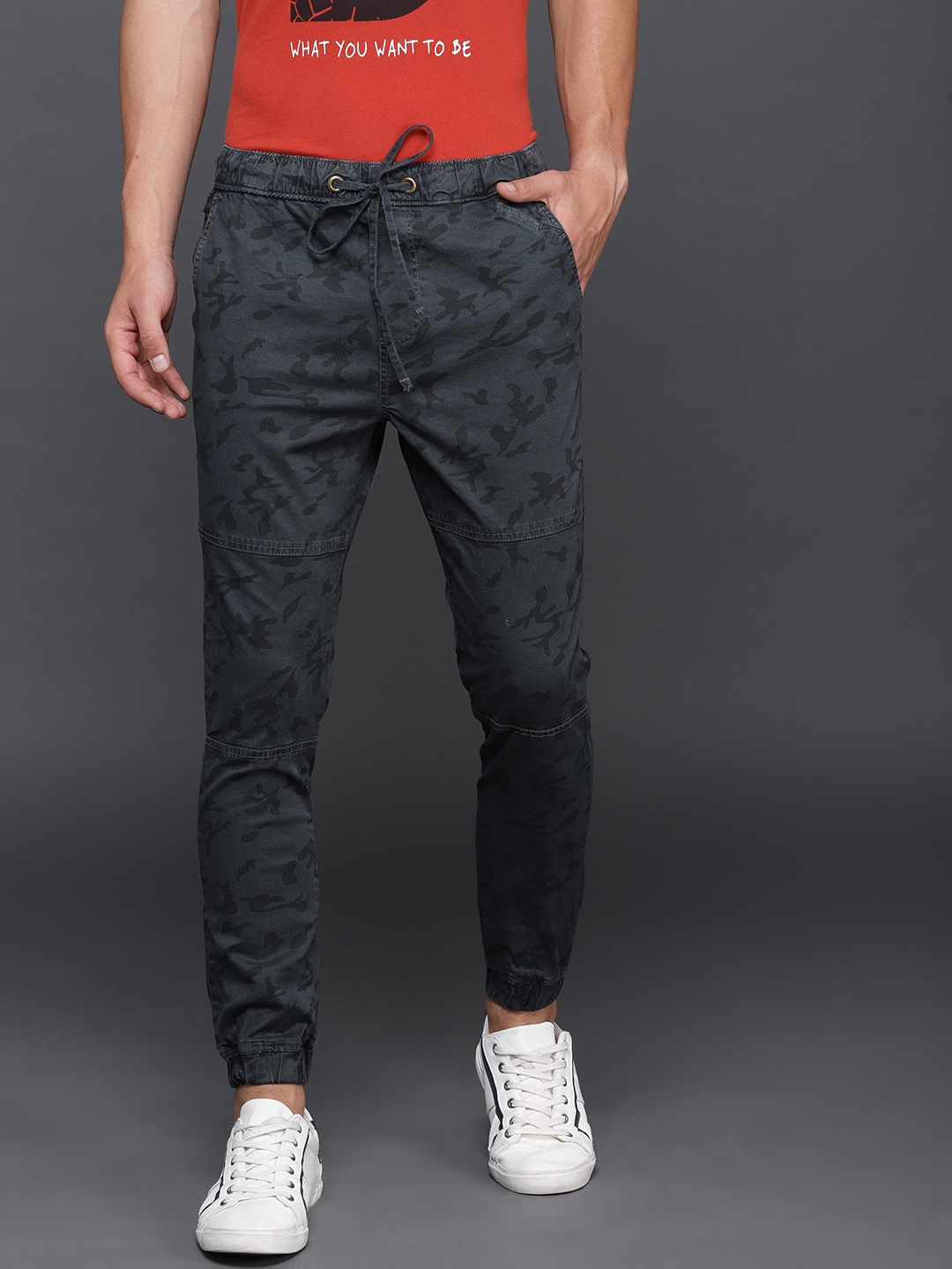 WROGN Men Charcoal Grey  Black Camouflage Printed Joggers