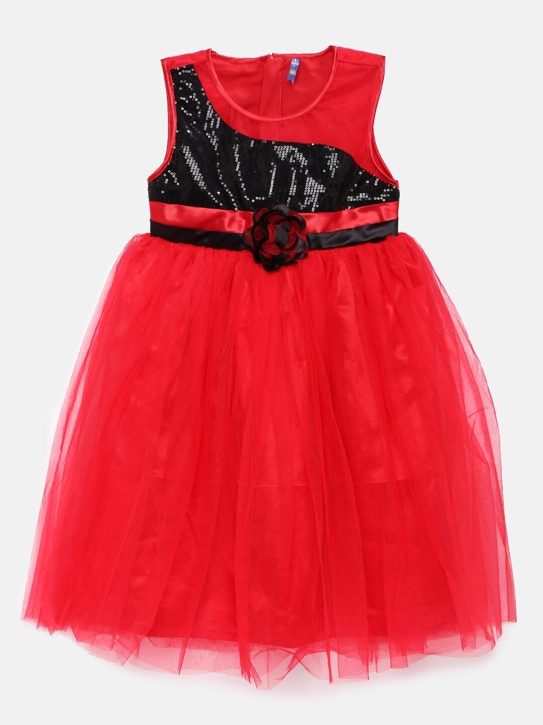 YK Girls Red  Black Sequinned Fit and Flare Dress