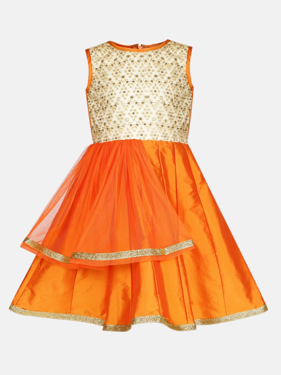 YK Girls Orange Embellished Fit and Flare Dress