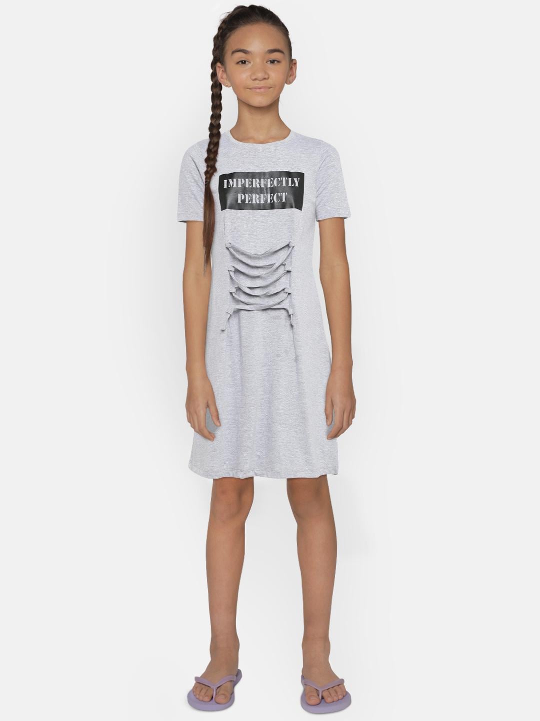 YK Girls Grey Melange Printed T-shirt Dress