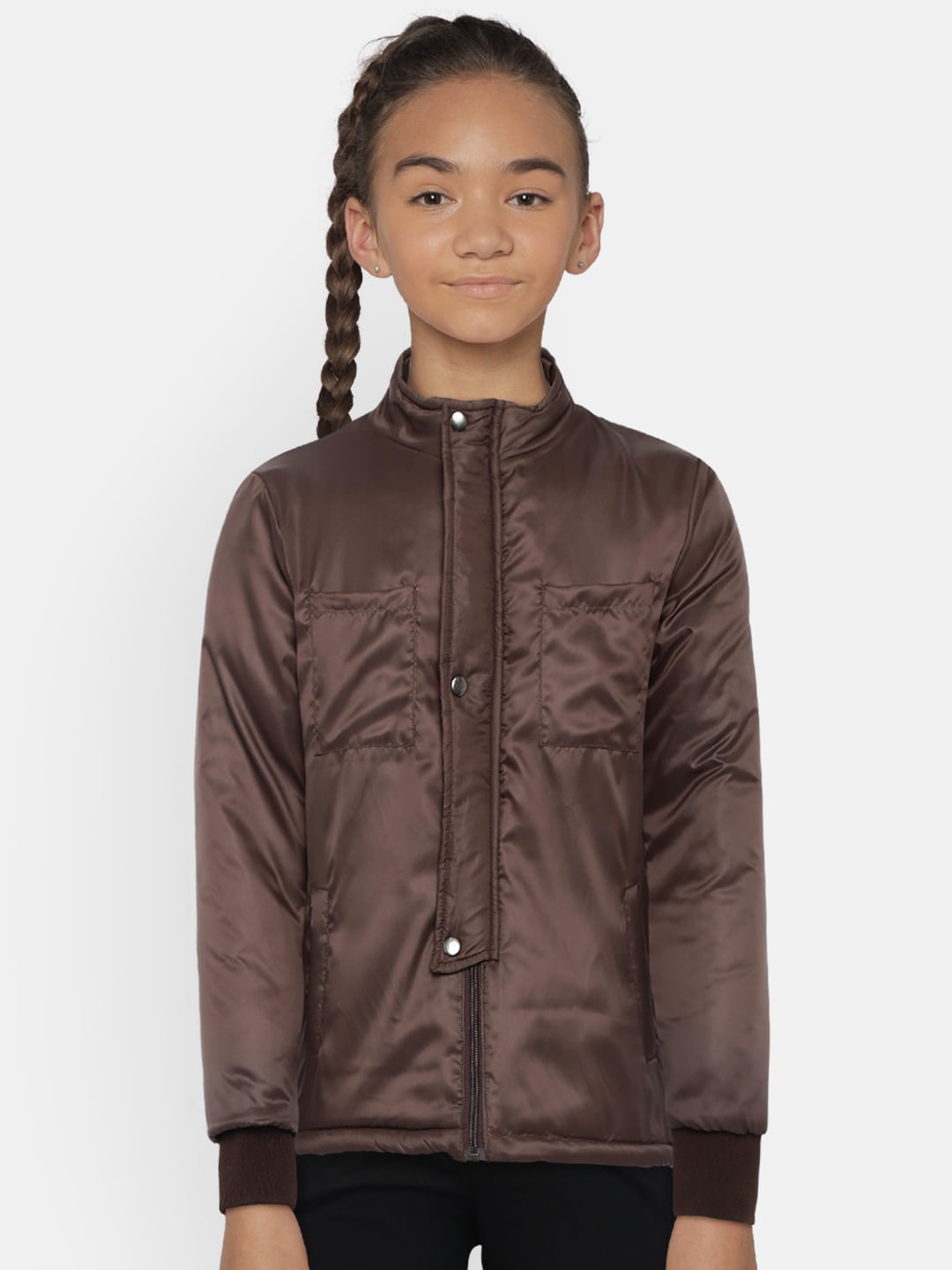 YK Girls Brown Solid Padded Jacket