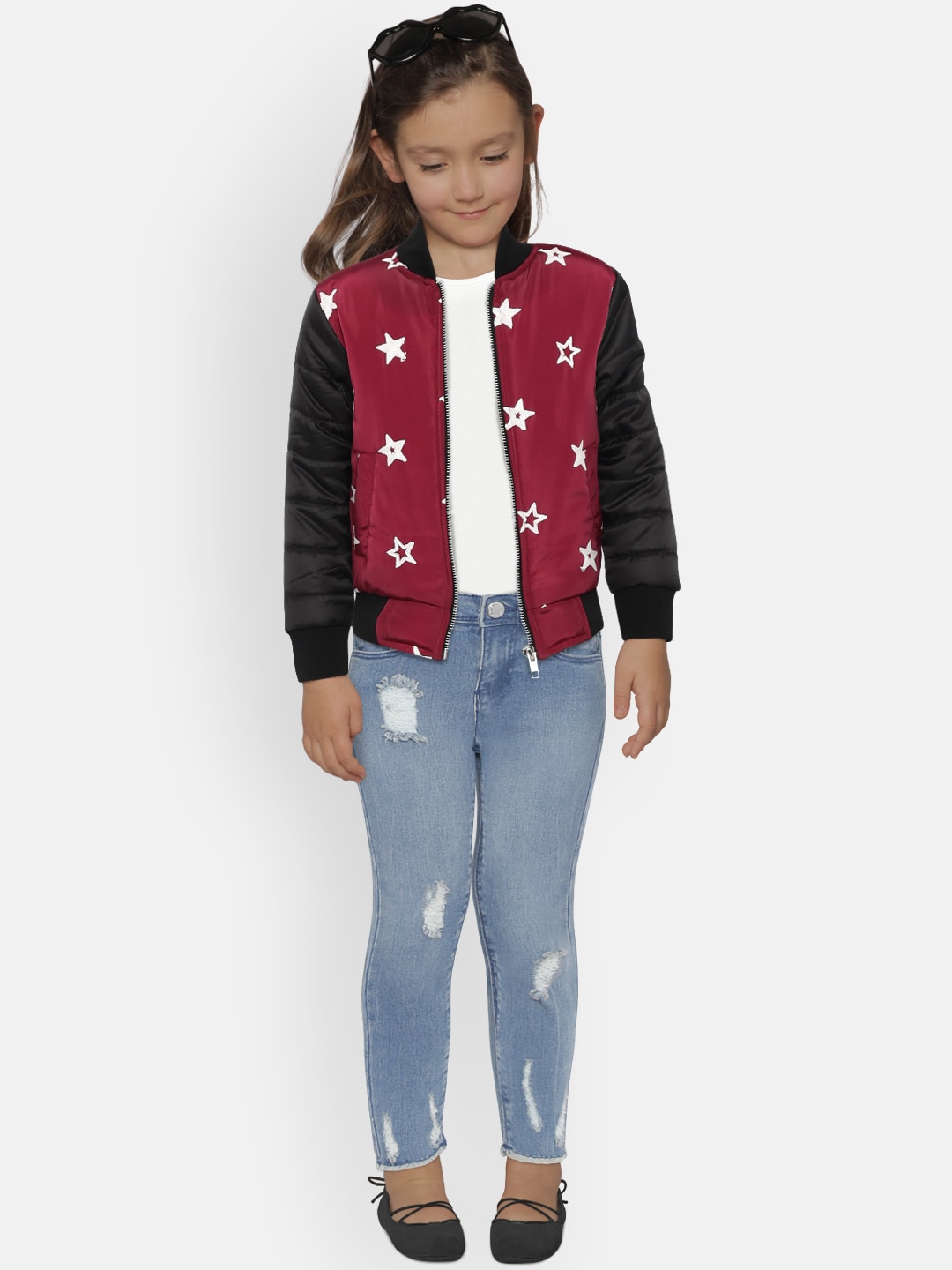 YK Girls Magenta  Black Embroidered Padded Jacket