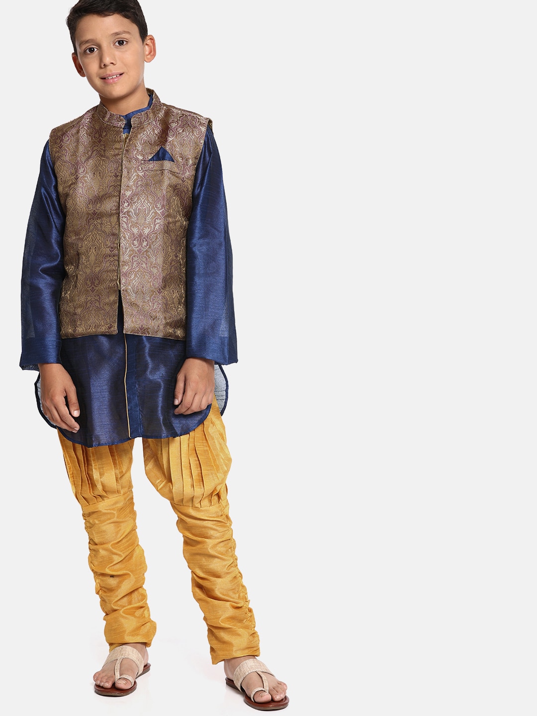 YK Boys Navy Blue  Yellow Solid Kurta Set with Nehru Jacket