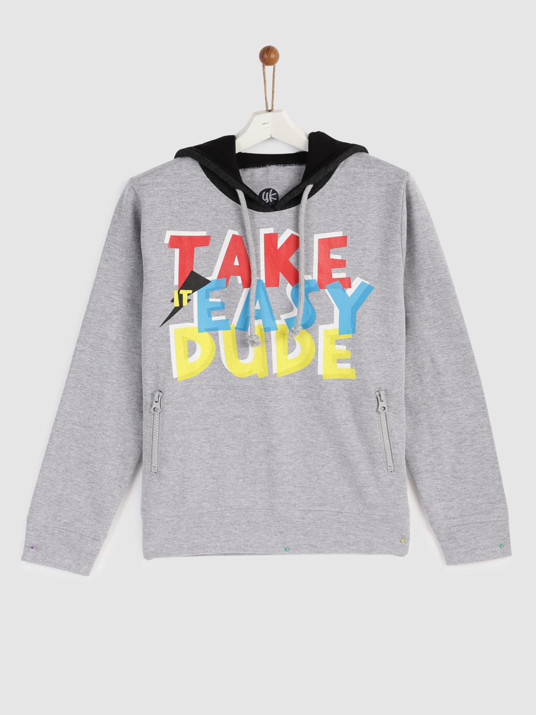 YK Boys Grey Printed Hooded Sweatshirt