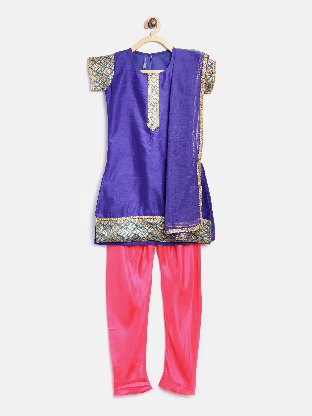 Yellow Kite Girls Blue  Pink Solid Kurta with Churidar  Dupatta