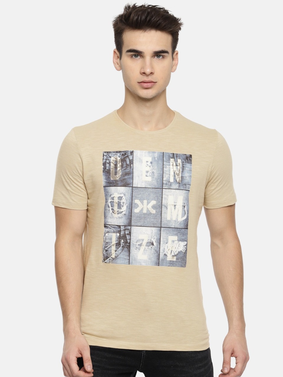 Killer Men Beige Printed Round Neck T-shirt