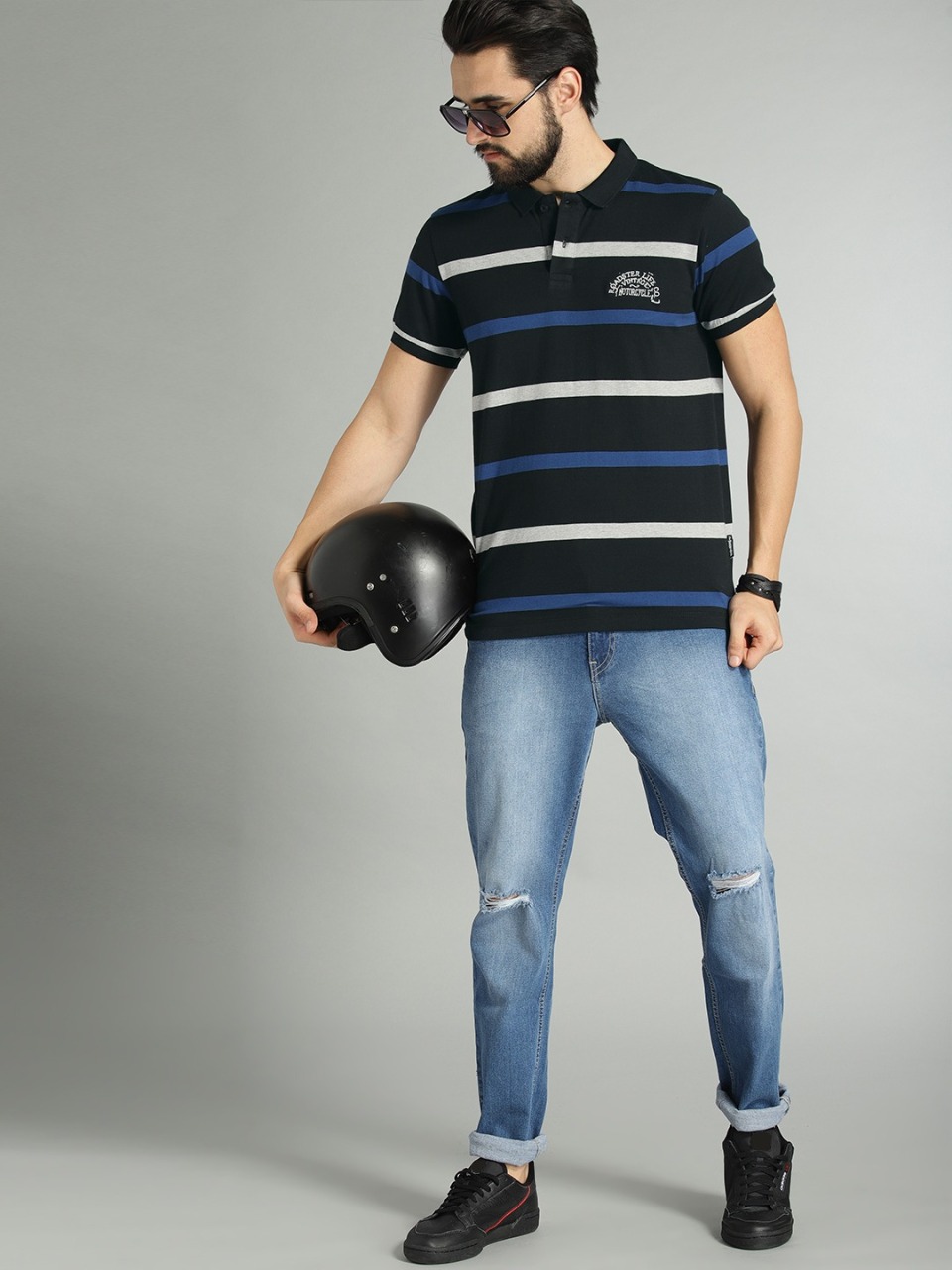 Roadster Men Black & Blue Striped Polo T-shirt