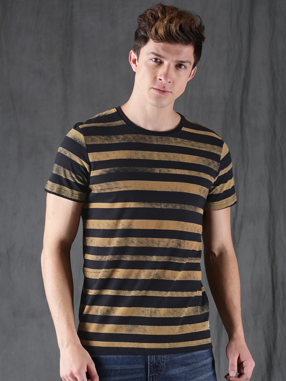 WROGN Men Brown Striped Round Neck T-shirt