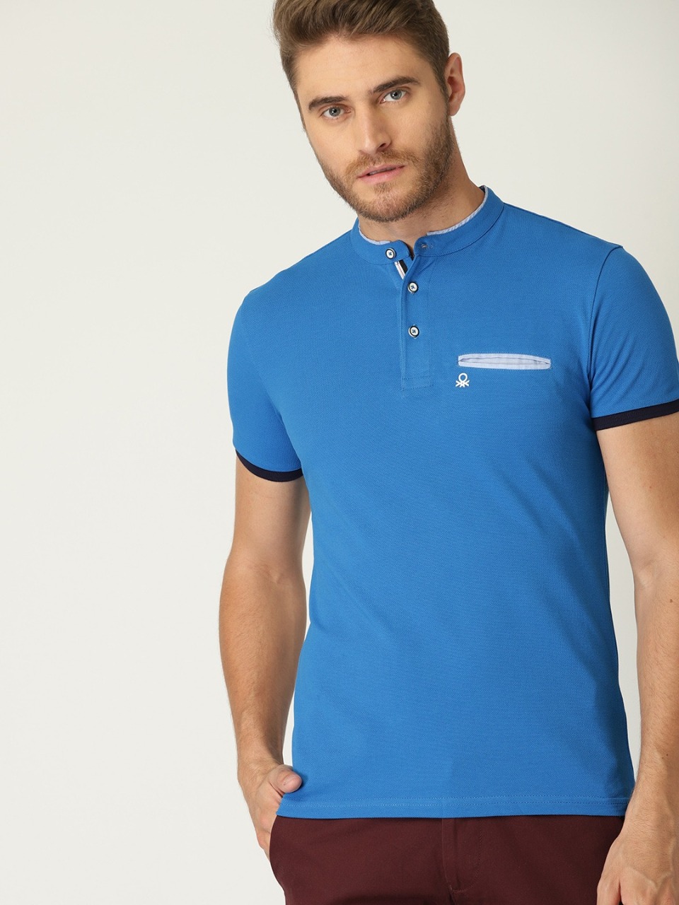 United Colors of Benetton Men Blue Solid Mandarin Collar T-shirt