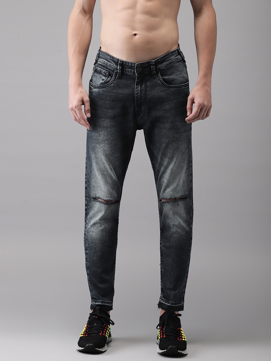 HERE&NOW Men Ankle Slim Tapered Fit Mid-Rise Slash Knee Stretchable Jeans