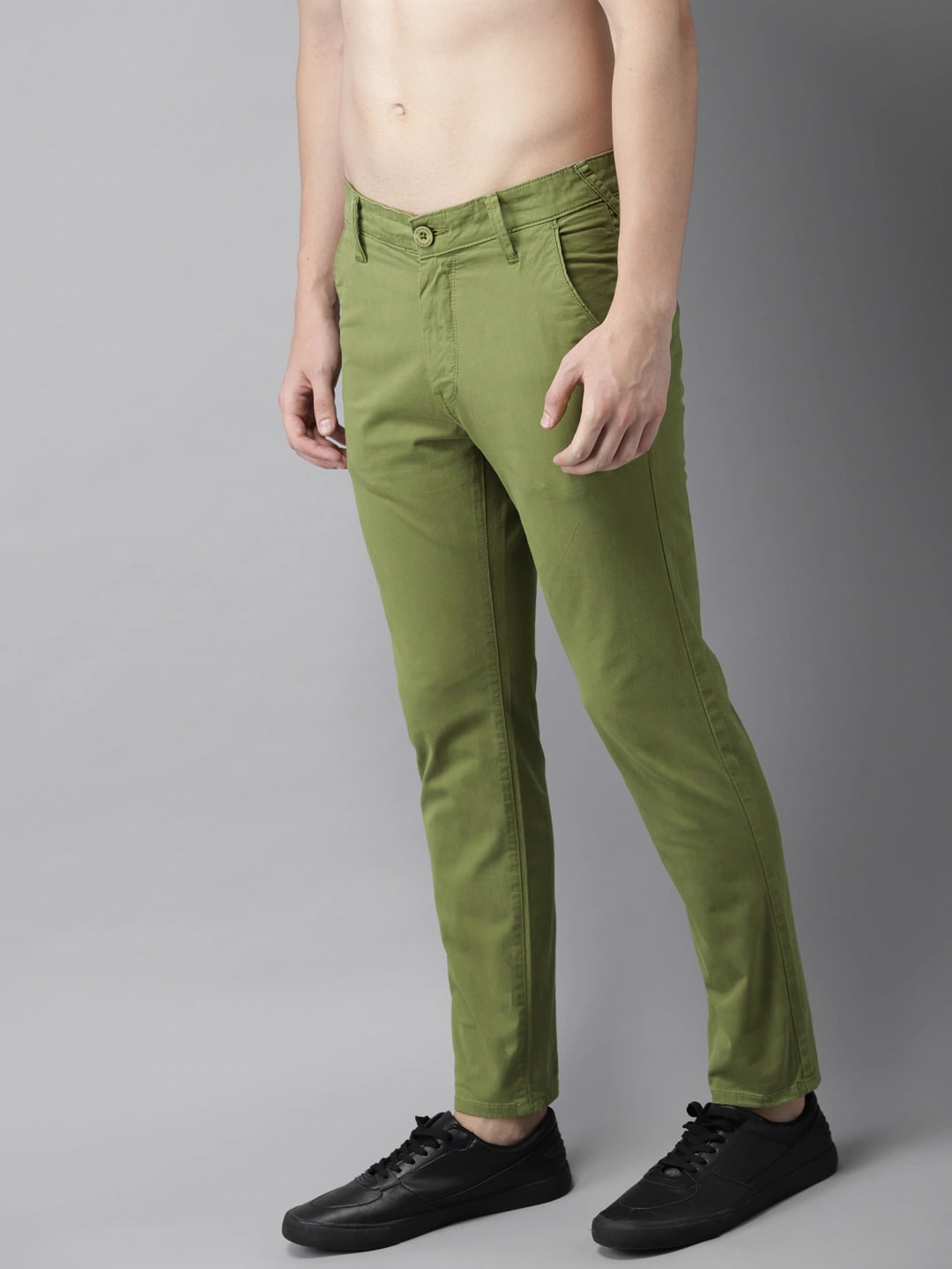 HERE&NOW Men Olive Green Slim Fit Solid Trouser