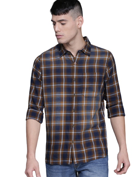 WROGN Men Blue & Brown Slim Fit Checked Casual Shirt