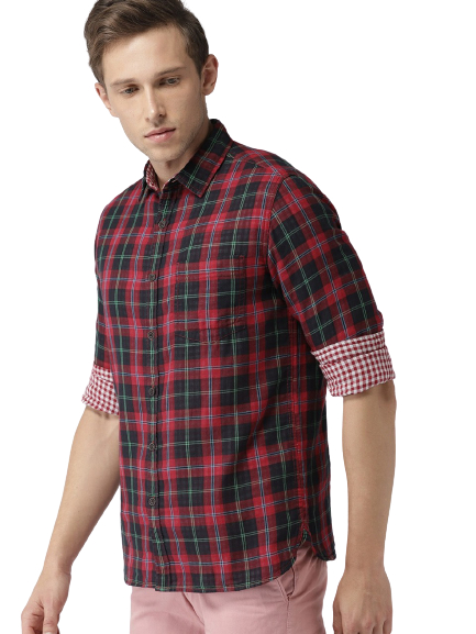 Harvard Men Red & Green Regular Fit Checked Casual Shirt