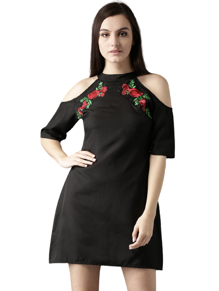 HERE&NOW Women Rose Embroidered Cold-Shoulder Dress