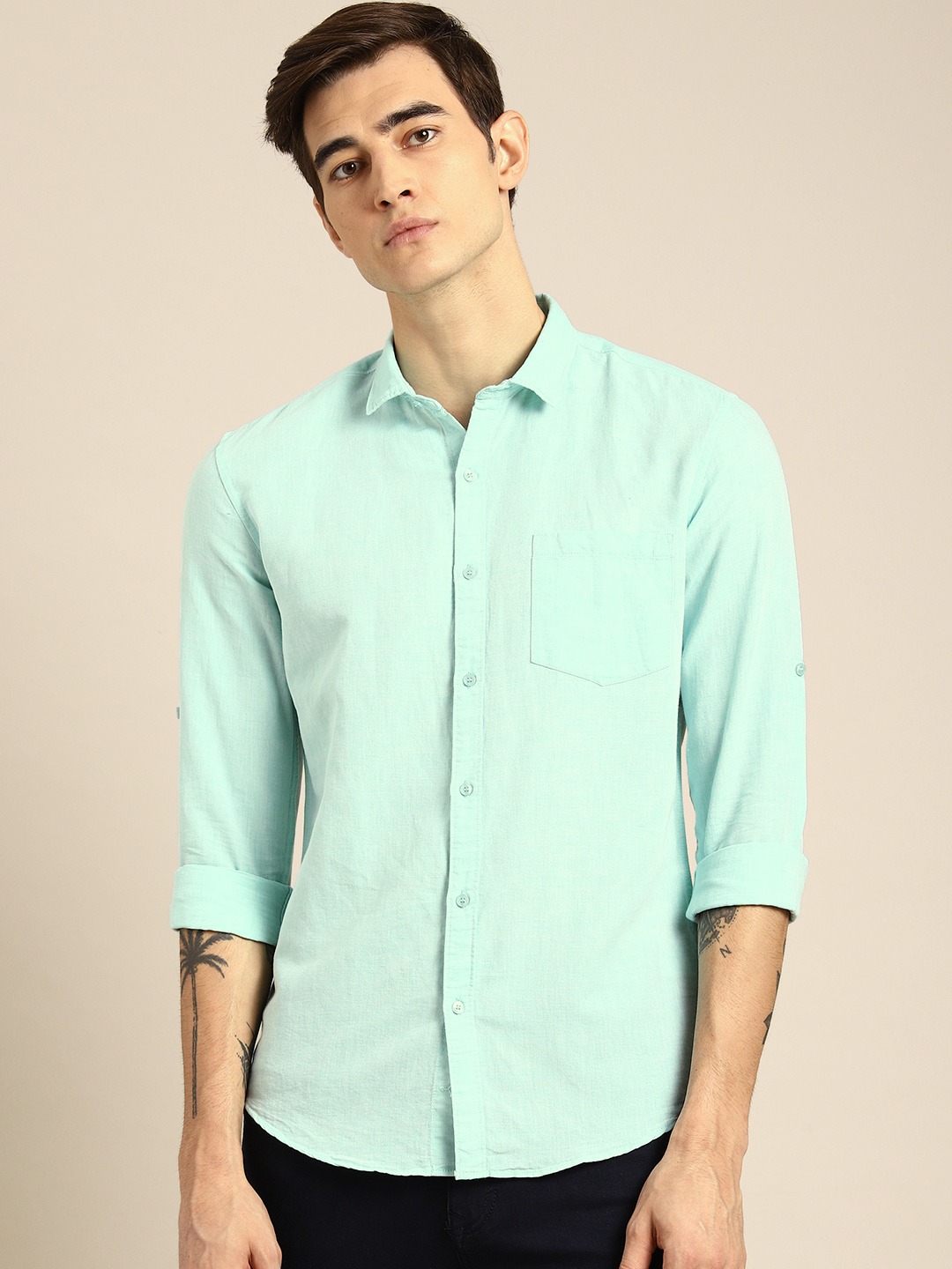 ether Men Sea Green Regular Fit Solid Cotton Linen Casual Shirt