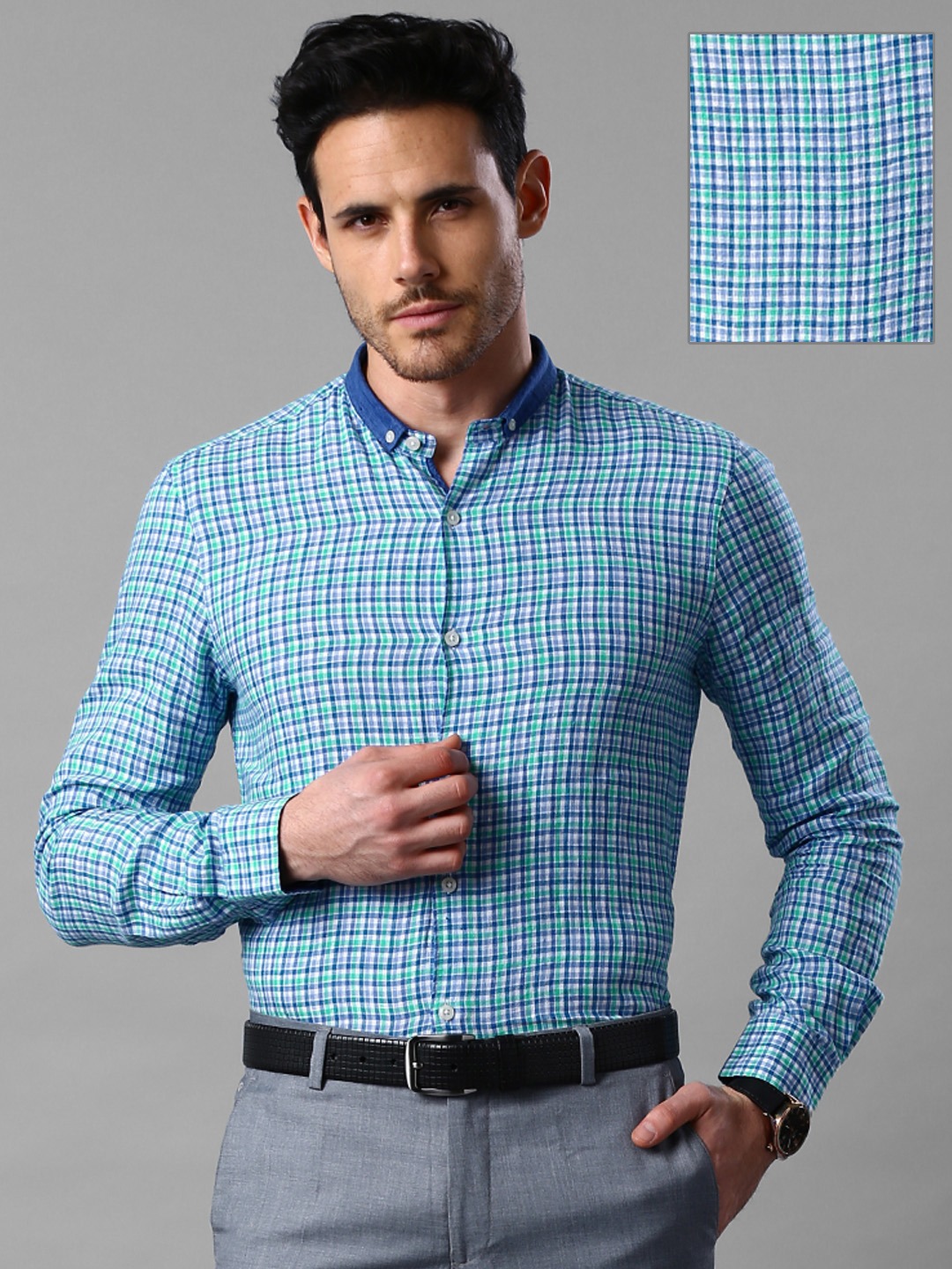 INVICTUS Checked Slim Fit Pure Linen Formal Shirt