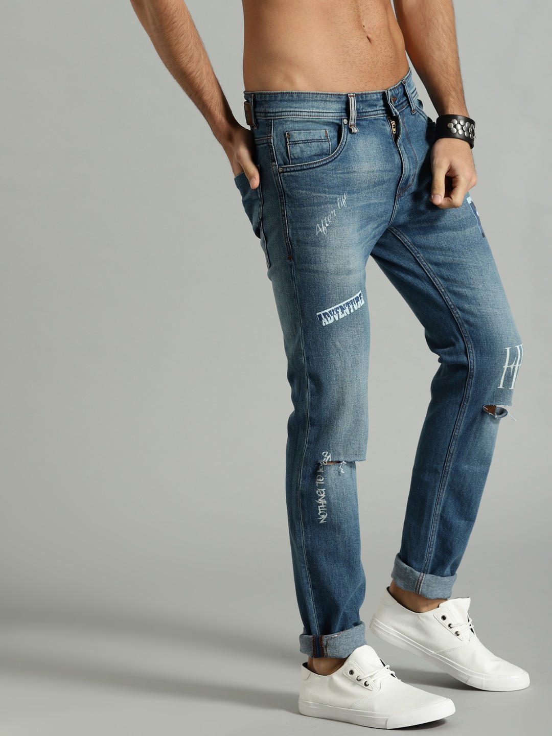 Roadster Men Skinny Fit Slash Knee Stretchable Printed Jeans