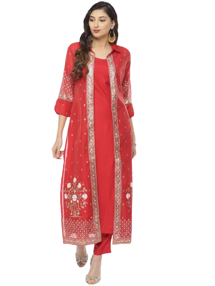 Biba Women Printed Layered Kurta with Trousers