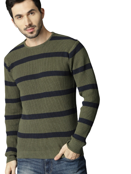 Roadster Men Olive Green & Navy Blue Striped Pullover