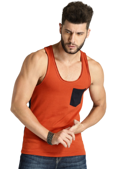 Roadster Time Travlr Men Orange Sleveless T-shirt with Raw Edges