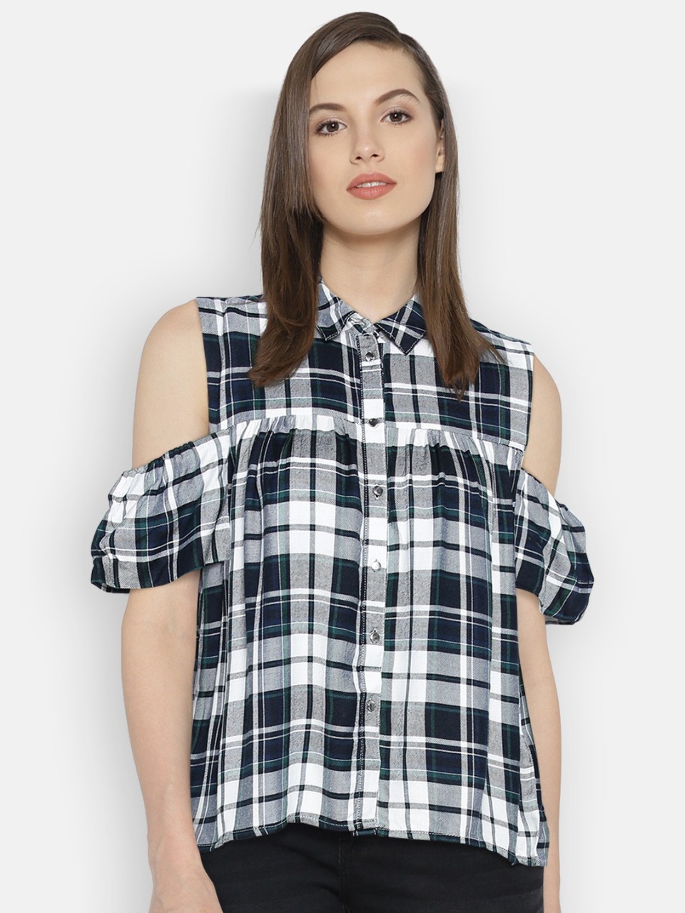 ONLY Women Off-White & Navy Regular Fit Checked Casual Shirt