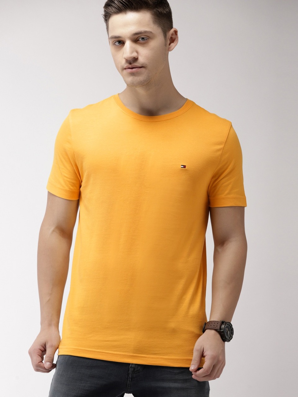 Tommy Hilfiger Men Mustard Yellow Solid Round Neck T-shirt